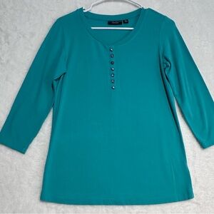 Susan Graver Brand Weekend Teal Henley Top 3/4 Sleeve Rhinestone Buttons XXS
